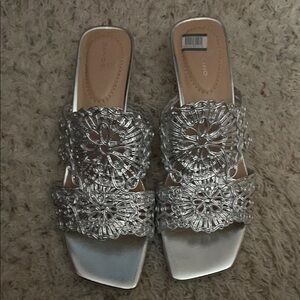 Bandolino Silver Soutache Melvanna Slide Sandals with Intricate Design